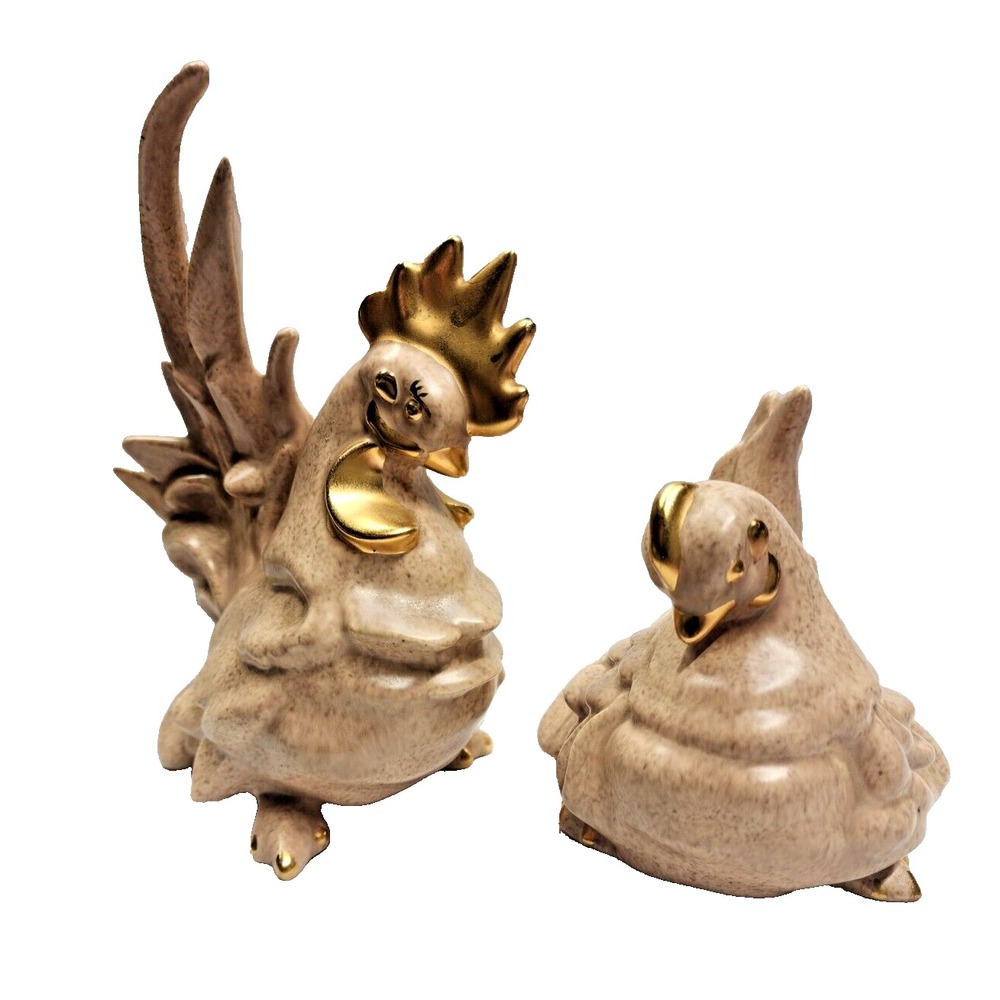 Vintage Fancy Ceramic Rooster and Hen Chicken Glazed Figurines Hand Made 1963